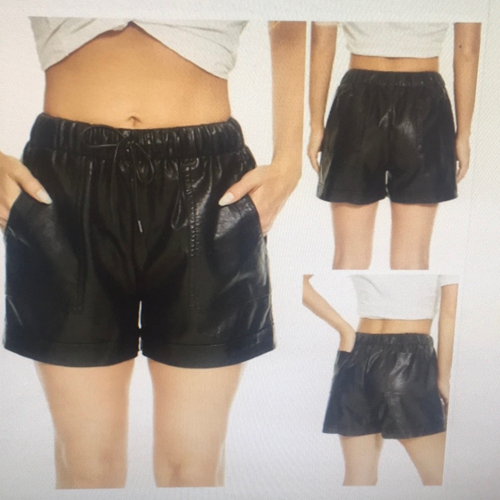 SCHHJZPJ/BLACK-FAUX LEATHER PAPERBAG WAIST DRAWSTRING SHORTS/NEW/ B